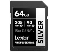 Lexar Silver Carte SD 64Go, UHS-I Carte SDXC Jusqu'à 205 Mo/s en Lecture, 90 Mo/s en écriture, V30, 4K UHD Video, U3, Classe 10, Carte Mémoire SDXC avec Lexar Lifetime Data Recovery