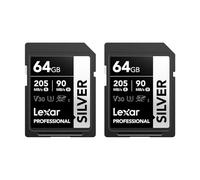 Lexar Silver Lot de 2 Cartes SD 64Go, UHS-I Carte SDXC Jusqu'à 205 Mo/s en Lecture, 90 Mo/s en écriture, V30, 4K UHD Video, U3, Classe 10, Carte Mémoire SDXC avec Lexar Lifetime Data Recovery