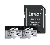 Lexar Silver Plus Lot de 2 cartes mémoire microSDXC professionnelles UHS-I, C10, U3, V30, Full HD et vidéo 4K, jusqu'à 205/150 Mo/s en lecture/écriture, pour vidéastes, joueurs (LMSSIPL128G-B2ANU)