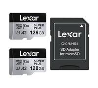 Lexar Silver Plus Lot de 2 Cartes Micro SD 128 Go, Vitesse de Lecture jusqu'à 205 Mo/s, Vitesse d'écriture 150 Mo/s, Carte mémoire Micro SD avec Adaptateur, UHS-I, A2, U3, V30, Classe 10, 4K UHD