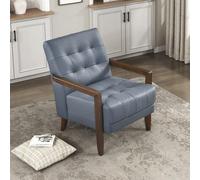 Lexicon Chaise d'appoint moderne en cuir véritable avec coussins touffetés, cadre en bois massif et accoudoirs, siège simple rembourré confortable pour chambre/lecture/bureau, bleu