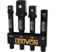 LEXIVON Coffret d'adaptateurs de douille à chocs et porte-embouts magnétiques | 4 pièces d’extension à tige hexagonale de 1/4 pouce vers 1/4", 3/8" et 1/2" | Comprend un support de rangement (LX-104)