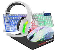 LexonElec Clavier de Jeu Filaire 104 Touches, stéréo 3D, 4 en 1 Blanc | Rétroéclairage RVB et micro ergonomique réglable 2400 DPI Grand tapis de souris étanche pour PC, Mac, gamer, bureau