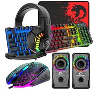 LexonElec Wired Gaming Keyboard Mouse, Headphone Speaker Combo 5 en 1 | 104 Keys UK Layout, rétro-éclairage Multi RGB Souris 2400DPI Grand Tapis de Souris pour Ordinateur PC Gaming Mac PS4 Xbox One