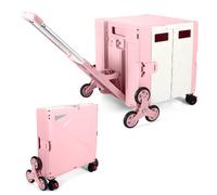 LexonElec x SELORSS Chariot de Courses Pliable avec Roues Escalier, Poignée Télescopique Aluminium Réglable et Couvercle, Boîte Utilitaire Pliable, Chariot Portable, 90KG/76L - Rose Blanc