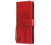 LEYAN Coque pour Samsung Galaxy A52 | A52 5G, Housse Flip TPU/PU Portefeuille Cuir Portefeuille Étui avec Carte Fente/Stand Fonction, Embossée Motif Magnétique Case Cover, Rouge