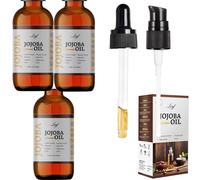 Leyf Lot de 3 bouteilles d'huile de jojoba bio 100 ml 100 % pure, végétalien, corps, cheveux, visage, ongles, flacon en verre + pipette en verre + pompe, soin hydratant, nourrissant, huile corporelle