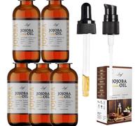 Leyf Lot de 5 bouteilles d'huile de jojoba bio 100 ml 100 % pure, végétalien, corps, cheveux, visage, ongles, flacon en verre + pipette en verre + pompe, soin hydratant, distributeur de nourriture
