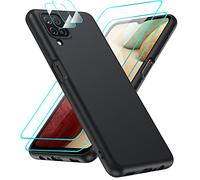 LeYi Coque de protection en silicone liquide pour Samsung Galaxy A12 avec [Lot de 2] Film protecteur d'écran en verre trempé et lentille d'appareil photo, Noir