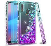 LeYi Coque Huawei P20 Lite avec Verre Trempé [Lot de 2], Liquide Paillette Transparente 3D TPU Silicone Antichoc Kawaii Diamant Protection Étui pour Huawei P20 Lite/Nova 3e Turquoise Violet