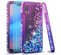 LeYi Coque Huawei P20 Lite avec Verre Trempé [Lot de 2], Liquide Paillette Transparente 3D TPU Silicone Antichoc Kawaii Diamant Protection Étui pour Huawei P20 Lite/Nova 3e Violet Bleu