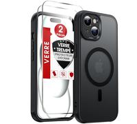 LeYi Coque Magnétique pour iPhone 15, avec 2 Verre Trempé, Compatible avec MagSafe, Étui Housse Antichoc Bumper TPU Dos Translucide Mat Fine, Noir