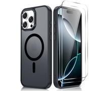 LeYi Coque Magnétique pour iPhone 16 Pro 6.3 Pouces, avec 2 Verre Trempé,Compatible avec MagSafe,Étui Housse Antichoc Bumper TPU Dos Translucide Mat Fine, Noir