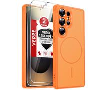 LeYi Coque Magnétique pour Samsung S25 Ultra, avec 2 Verre Trempé, Compatible avec MagSafe, Étui Housse Antichoc Bumper TPU Dos Translucide Mat Fine, Orange Bicolore