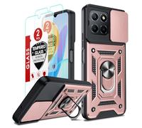 LeYi Coque pour Honor 70 Lite 5G/X6 4G/X6S 4G/X8 5G Anneau avec 2*Verre Trempé+Full Protection Caméra Coulissante, Étui de PC Dur et TPU Silicone Militaire Anti-Rayures Antichoc-Rose