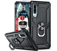 LeYi Coque pour Huawei P30 avec Anneau Support, Double Couche Renforcée Défense Bumper TPU Silicone Antichoc Armure Housse Etui avec Protection écran pour Huawei P30 Noir