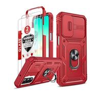 LeYi Coque pour Samsung A26/A 26 5G avec 2*Verre Trempé+Anneau Support,Full Protection de la Caméra en PC Dur Anti-Chut Renforcée Armor Heavy Duty Antichoc Bumper Housse Etui,Rouge