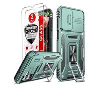 LeYi Coque pour Samsung Galaxy A14 5G, A14 5G avec lot de 2 protecteurs d'écran, coque armure robuste avec coque coulissante pour appareil photo et béquille magnétique rotative à 360° pour Samsung A14, vert alpin