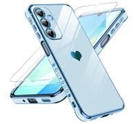LeYi Coque pour Samsung Galaxy A16 4G / 5G avec 2 Verre Trempé Silicone Forme de Coeur d'amour, Housse Étui de Protection Antichoc Anti-Rayures Souple TPU Légère Coque Samsung A 16 - Bleu