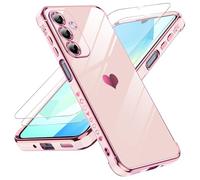 LeYi Coque pour Samsung Galaxy A16 4G / 5G avec 2 Verre Trempé Silicone Forme de Coeur d'amour, Housse Étui de Protection Antichoc Anti-Rayures Souple TPU Légère Coque Samsung A 16 - Rose