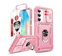 LeYi Coque pour Samsung Galaxy A16/A 16 4G/5G avec 2*Verre Trempé+Anneau Support, Full Protection de la Caméra en PC Dur Anti-Chut Renforcée Armor Heavy Duty Antichoc Bumper Housse Etui,Rose