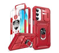 LeYi Coque pour Samsung Galaxy A16/A 16 4G/5G avec 2*Verre Trempé+Anneau Support,Full Protection de la Caméra en PC Dur Anti-Chut Renforcée Armor Heavy Duty Antichoc Bumper Housse Etui,Rouge