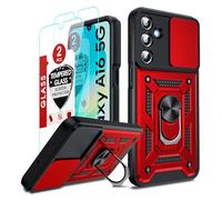 LeYi Coque pour Samsung Galaxy A16/A 16 5G/4G Antichoc avec 2*Verre Trempé+Full Protection Caméra Coulissante,Anneau Support, Étui de PC Dur et TPU Cover Silicone Militaire Anti-Rayures Housse,Rouge