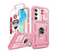 LeYi Coque pour Samsung Galaxy A17 / A26 5G avec 2*Verre Trempé+Anneau Support, Full Protection de la Caméra en PC Dur Anti-Chut Renforcée Armor Heavy Duty Antichoc Bumper Housse Etui, Rose