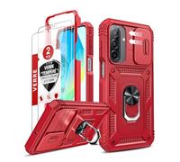 LeYi Coque pour Samsung Galaxy A17 / A26 5G avec 2*Verre Trempé+Anneau Support, Full Protection de la Caméra en PC Dur Anti-Chut Renforcée Armor Heavy Duty Antichoc Bumper Housse Etui, Rouge