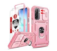LeYi Coque pour Samsung Galaxy A17 / A26 5G avec 2*Verre Trempé+Anneau Support, Full Protection de la Caméra en PC Dur Anti-Chut Renforcée Armor Heavy Duty Antichoc Bumper Housse Etui, Rose