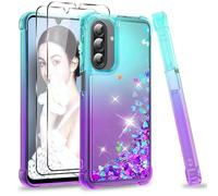 LeYi Coque pour Samsung Galaxy A17 avec Verre Trempé [Lot de 2], Fille Liquide Paillette Transparente Silicone Gel TPU Antichoc Kawaii Etui Housse, Turquoise Violet