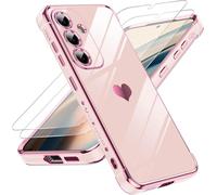 LeYi Coque pour Samsung Galaxy S25 avec 2 Verre Trempé Silicone Forme de Coeur d'amour, Housse Étui de Protection Antichoc Anti-Rayures Souple TPU Légère Coque Samsung S25- Rose