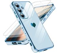 LeYi Coque pour Samsung Galaxy S25 avec 2 Verre Trempé Silicone Forme de Coeur d'amour, Housse Étui de Protection Antichoc Anti-Rayures Souple TPU Légère Coque Samsung S25- Bleu