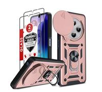 LeYi Coque pour Xiaomi Redmi 14C/14 C/POCO C75 4G Antichoc avec 2*Verre Trempé+Full Protection Caméra Coulissante,Anneau Support, Étui de PC Dur et TPU Silicone Militaire Anti-Rayures Coque,Rose