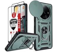 LeYi Coque pour Xiaomi Redmi A3 4G Anneau avec 2*Verre Trempé+Full Protection Caméra Coulissante, Étui de PC Dur et TPU Silicone Militaire Anti-Rayures Coque Redmi A3 4G Antichoc-Vert