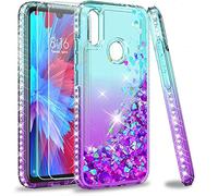 LeYi Coque Xiaomi Redmi Note 7/Note 7 Pro avec Verre Trempé [Lot de 2], Fille Personnalisé Liquide Paillette Transparente 3D Silicone Gel TPU Antichoc Kawaii Etui Housse Turquoise Violet