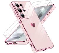 LeYi Coque pour Samsung Galaxy S25 Ultra avec 2 Verre Trempé Silicone Forme de Coeur d'amour, Housse Étui de Protection Antichoc Anti-Rayures Souple TPU Légère Coque Samsung S25 Ultra- Rose