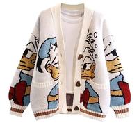 Leyoutx Cardigan en maille torsadée pour femmes avec broderie mignonne motif canard de dessin animé, pull boutonné décontracté en mélange de laine (Medium, Blanc)