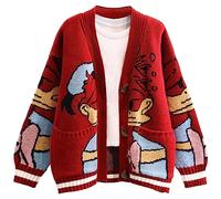 Leyoutx - Cardigan tricoté à manches longues avec boutons et canard mignon brodé pour femme - Manteau décontracté en laine mélangée (taille XX-Large, rouge)