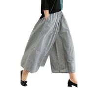 Leyoutx Pantacourt Palazzo en Coton et Lin pour Femme - Taille élastique - Motif Carreaux Vichy, Vichy - Noir, Taille XL