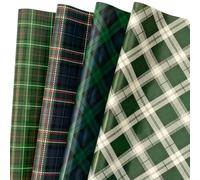 LeZakaa Lot de 12 feuilles de papier cadeau de Noël vertes, 12 feuilles pliées avec 4 différents tartan vert, motif à carreaux pour célébrations du Nouvel An, emballage cadeau de vacances, 70 x 49,8