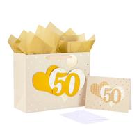 LeZakaa Sac cadeau de mariage 33 cm, sac cadeau doré avec papier de soie, étiquette cadeau et carte - Numéro 127 cm avec cœur 3D Paster pour anniversaire de mariage doré