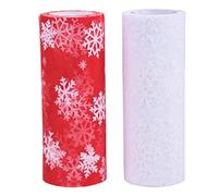 Lezevn Jomnvo Lot de 2 rouleaux de tulle de Noël en forme de flocon de neige rouge et blanc pour décoration de Noël, emballage cadeau, nœuds et chemin de table