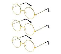 Lezevn Lot de 3 paires de lunettes rondes dorées vintage en métal - Verres transparents - Accessoire de costume de Père Noël pour Noël et Halloween