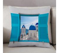 LEZUAHSH Housse de Coussin 50x50 cm,Fenêtre de Paysage donnant sur Un bâtiment Classique avec des dômes Bleus Oia Sa,Housse Coussin Exterieur Coussin Decoratif Canape,pour canapé,Maison,Bureau