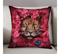 LEZUAHSH Housse de Coussin 50x50 cm,Le léopard Vous Regarde entouré de Roses avec Un Papillon Bleu Clair. Illustrati,Housse Coussin Exterieur Coussin Decoratif Canape,pour canapé,Maison,Bureau