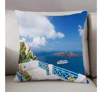 LEZUAHSH Housse de Coussin 50x50 cm,Paysage, Belle terrasse avec Vue sur la mer, Architecture Blanche sur l'île de S,Housse Coussin Exterieur Coussin Decoratif Canape,pour canapé,Maison,Bureau