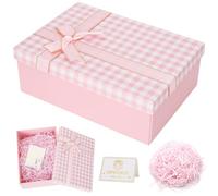 LFBEST Boîte cadeau rose à carreaux pour cadeaux avec carte de vœux et lambeaux en raphia, 25 x 18 x 8,5 cm, boîtes cadeaux avec couvercles pour Noël, Saint-Valentin, anniversaires, anniversaires de