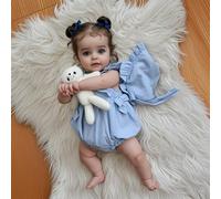 LFdolls Realiste Bebe Reborn 55cm Poupée en Silicone Souple Poupée Reborn Fille Yeux Bleus, Robe Bleu Clair Et Blanc, Collection Bébé Poupee Nouveau-Né Fille Baignable Jouets pour Enfants
