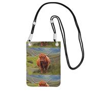 LfearTesa Petit sac à bandoulière, portefeuille pour téléphone portable, sac à main, sac à bandoulière, marron, motif bétail des Highlands,Noir